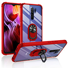 Silicone Matte Finish and Plastic Back Cover Case with Magnetic Finger Ring Stand MQ2 for Xiaomi Redmi 9 Prime India Red