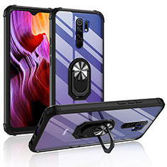 Silicone Matte Finish and Plastic Back Cover Case with Magnetic Finger Ring Stand MQ2 for Xiaomi Redmi 9 Prime India Silver and Black