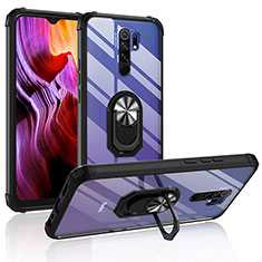 Silicone Matte Finish and Plastic Back Cover Case with Magnetic Finger Ring Stand MQ2 for Xiaomi Redmi 9 Silver and Black