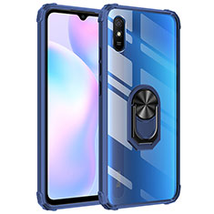 Silicone Matte Finish and Plastic Back Cover Case with Magnetic Finger Ring Stand MQ2 for Xiaomi Redmi 9A Blue
