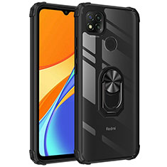 Silicone Matte Finish and Plastic Back Cover Case with Magnetic Finger Ring Stand MQ2 for Xiaomi Redmi 9C Black