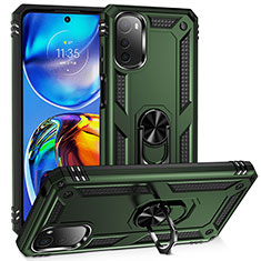 Silicone Matte Finish and Plastic Back Cover Case with Magnetic Finger Ring Stand MQ3 for Motorola Moto E32 Green