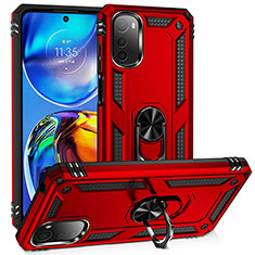 Silicone Matte Finish and Plastic Back Cover Case with Magnetic Finger Ring Stand MQ3 for Motorola Moto E32 Red