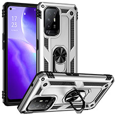 Silicone Matte Finish and Plastic Back Cover Case with Magnetic Finger Ring Stand MQ3 for Oppo F19 Pro+ Plus 5G Silver
