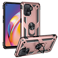 Silicone Matte Finish and Plastic Back Cover Case with Magnetic Finger Ring Stand MQ3 for Oppo F19 Pro Rose Gold