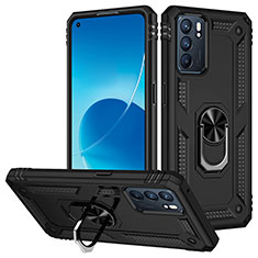 Silicone Matte Finish and Plastic Back Cover Case with Magnetic Finger Ring Stand MQ3 for Oppo Reno6 5G Black