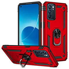 Silicone Matte Finish and Plastic Back Cover Case with Magnetic Finger Ring Stand MQ3 for Oppo Reno6 5G Red