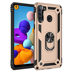 Silicone Matte Finish and Plastic Back Cover Case with Magnetic Finger Ring Stand MQ3 for Samsung Galaxy A21 Gold