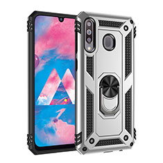 Silicone Matte Finish and Plastic Back Cover Case with Magnetic Finger Ring Stand MQ3 for Samsung Galaxy A40s Silver