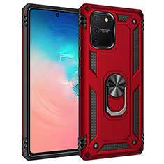 Silicone Matte Finish and Plastic Back Cover Case with Magnetic Finger Ring Stand MQ3 for Samsung Galaxy A91 Red