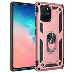 Silicone Matte Finish and Plastic Back Cover Case with Magnetic Finger Ring Stand MQ3 for Samsung Galaxy A91 Rose Gold