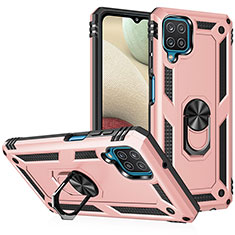 Silicone Matte Finish and Plastic Back Cover Case with Magnetic Finger Ring Stand MQ3 for Samsung Galaxy F12 Rose Gold