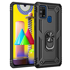Silicone Matte Finish and Plastic Back Cover Case with Magnetic Finger Ring Stand MQ3 for Samsung Galaxy M21s Black