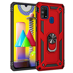 Silicone Matte Finish and Plastic Back Cover Case with Magnetic Finger Ring Stand MQ3 for Samsung Galaxy M21s Red