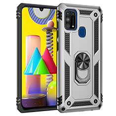 Silicone Matte Finish and Plastic Back Cover Case with Magnetic Finger Ring Stand MQ3 for Samsung Galaxy M31 Prime Edition Silver