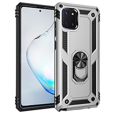 Silicone Matte Finish and Plastic Back Cover Case with Magnetic Finger Ring Stand MQ3 for Samsung Galaxy M60s Silver