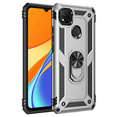 Silicone Matte Finish and Plastic Back Cover Case with Magnetic Finger Ring Stand MQ3 for Xiaomi Redmi 9 India Silver