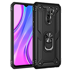 Silicone Matte Finish and Plastic Back Cover Case with Magnetic Finger Ring Stand MQ3 for Xiaomi Redmi 9 Prime India Black