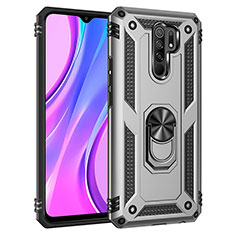 Silicone Matte Finish and Plastic Back Cover Case with Magnetic Finger Ring Stand MQ3 for Xiaomi Redmi 9 Prime India Silver