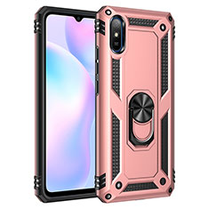 Silicone Matte Finish and Plastic Back Cover Case with Magnetic Finger Ring Stand MQ3 for Xiaomi Redmi 9A Rose Gold