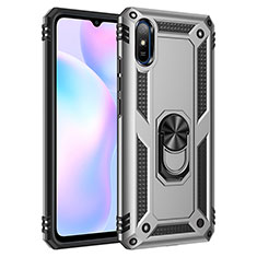 Silicone Matte Finish and Plastic Back Cover Case with Magnetic Finger Ring Stand MQ3 for Xiaomi Redmi 9i Silver