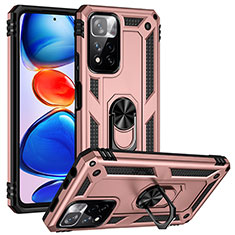 Silicone Matte Finish and Plastic Back Cover Case with Magnetic Finger Ring Stand MQ3 for Xiaomi Redmi Note 11 Pro+ Plus 5G Rose Gold