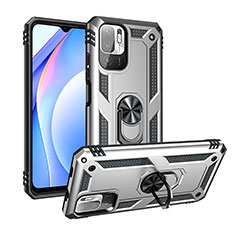 Silicone Matte Finish and Plastic Back Cover Case with Magnetic Finger Ring Stand MQ3 for Xiaomi Redmi Note 11 SE 5G Silver