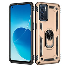 Silicone Matte Finish and Plastic Back Cover Case with Magnetic Finger Ring Stand MQ4 for Oppo Reno6 5G Gold