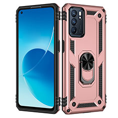 Silicone Matte Finish and Plastic Back Cover Case with Magnetic Finger Ring Stand MQ4 for Oppo Reno6 5G Rose Gold