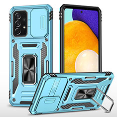 Silicone Matte Finish and Plastic Back Cover Case with Magnetic Finger Ring Stand MQ4 for Samsung Galaxy A52 5G Sky Blue