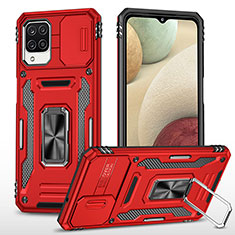 Silicone Matte Finish and Plastic Back Cover Case with Magnetic Finger Ring Stand MQ4 for Samsung Galaxy F12 Red