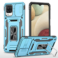 Silicone Matte Finish and Plastic Back Cover Case with Magnetic Finger Ring Stand MQ4 for Samsung Galaxy M12 Sky Blue
