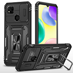 Silicone Matte Finish and Plastic Back Cover Case with Magnetic Finger Ring Stand MQ4 for Xiaomi Redmi 9 India Black