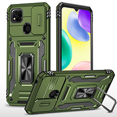 Silicone Matte Finish and Plastic Back Cover Case with Magnetic Finger Ring Stand MQ4 for Xiaomi Redmi 9 India Green