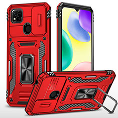 Silicone Matte Finish and Plastic Back Cover Case with Magnetic Finger Ring Stand MQ4 for Xiaomi Redmi 9 India Red