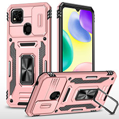 Silicone Matte Finish and Plastic Back Cover Case with Magnetic Finger Ring Stand MQ4 for Xiaomi Redmi 9 India Rose Gold