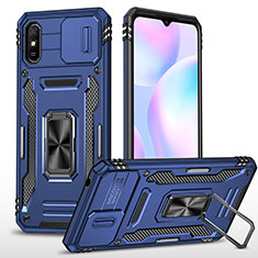 Silicone Matte Finish and Plastic Back Cover Case with Magnetic Finger Ring Stand MQ4 for Xiaomi Redmi 9A Blue