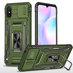 Silicone Matte Finish and Plastic Back Cover Case with Magnetic Finger Ring Stand MQ4 for Xiaomi Redmi 9A Green