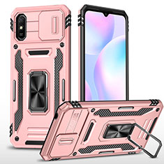 Silicone Matte Finish and Plastic Back Cover Case with Magnetic Finger Ring Stand MQ4 for Xiaomi Redmi 9A Rose Gold