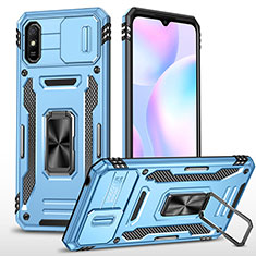 Silicone Matte Finish and Plastic Back Cover Case with Magnetic Finger Ring Stand MQ4 for Xiaomi Redmi 9A Sky Blue