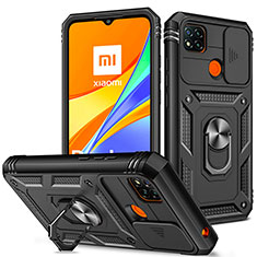 Silicone Matte Finish and Plastic Back Cover Case with Magnetic Finger Ring Stand MQ5 for Xiaomi Redmi 9 India Black