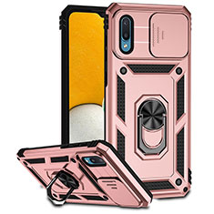 Silicone Matte Finish and Plastic Back Cover Case with Magnetic Finger Ring Stand MQ6 for Samsung Galaxy M02 Rose Gold