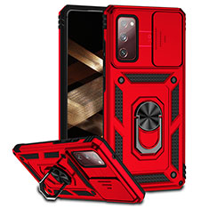 Silicone Matte Finish and Plastic Back Cover Case with Magnetic Finger Ring Stand MQ6 for Samsung Galaxy S20 FE 4G Red