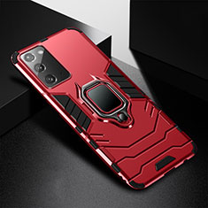 Silicone Matte Finish and Plastic Back Cover Case with Magnetic Finger Ring Stand N06 for Samsung Galaxy Note 20 5G Red