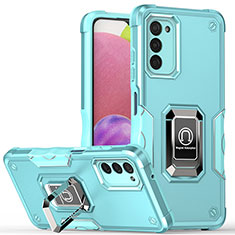 Silicone Matte Finish and Plastic Back Cover Case with Magnetic Finger Ring Stand QW1 for Samsung Galaxy A02s Mint Blue