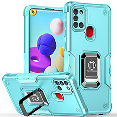 Silicone Matte Finish and Plastic Back Cover Case with Magnetic Finger Ring Stand QW1 for Samsung Galaxy A21s Mint Blue