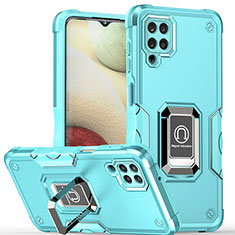 Silicone Matte Finish and Plastic Back Cover Case with Magnetic Finger Ring Stand QW1 for Samsung Galaxy F12 Mint Blue