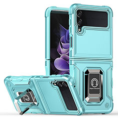 Silicone Matte Finish and Plastic Back Cover Case with Magnetic Finger Ring Stand QW1 for Samsung Galaxy Z Flip3 5G Mint Blue