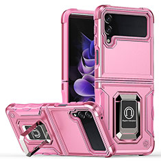 Silicone Matte Finish and Plastic Back Cover Case with Magnetic Finger Ring Stand QW1 for Samsung Galaxy Z Flip4 5G Pink