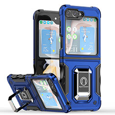Silicone Matte Finish and Plastic Back Cover Case with Magnetic Finger Ring Stand QW1 for Samsung Galaxy Z Flip5 5G Blue